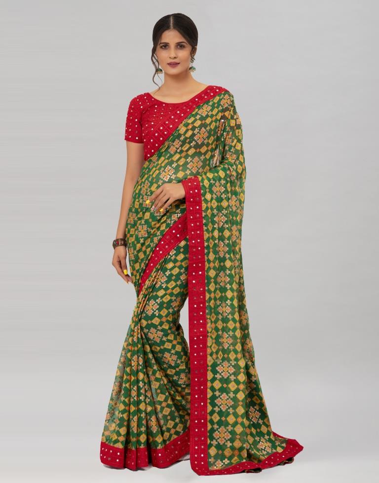 Green Coloured Brasso Embroidered Partywear Saree