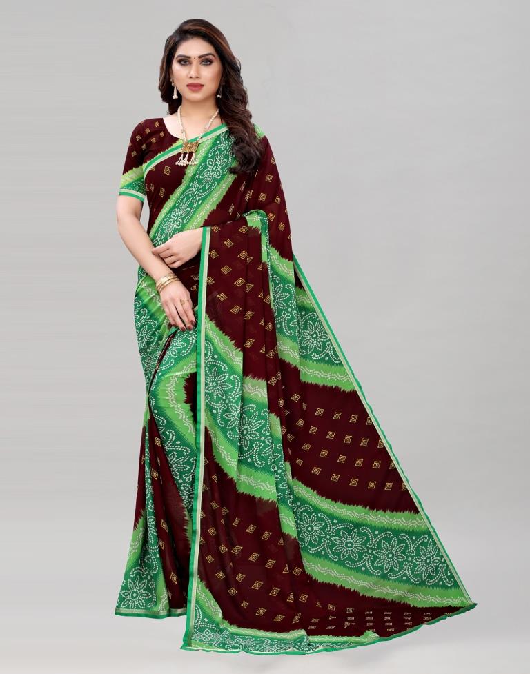 Green And Brown Coloured Georgette Bandhani Printed Saree