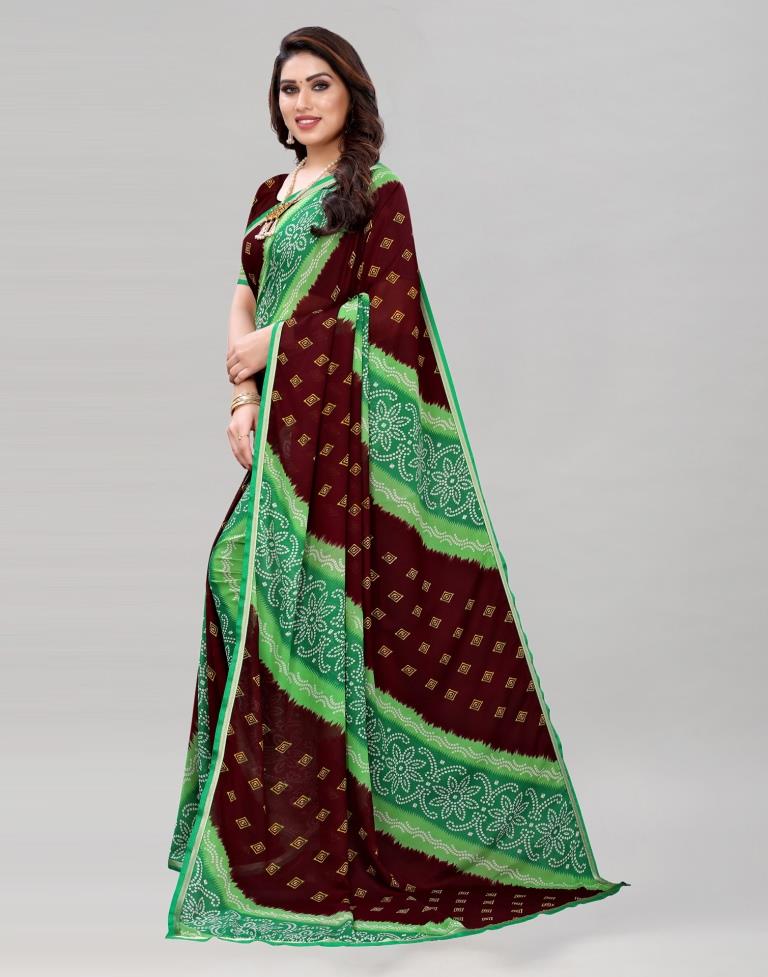 Green And Brown Coloured Georgette Bandhani Printed Saree