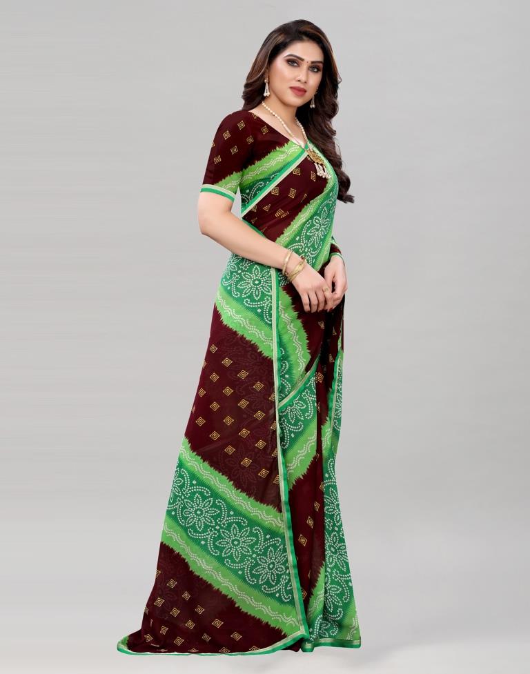 Green And Brown Coloured Georgette Bandhani Printed Saree