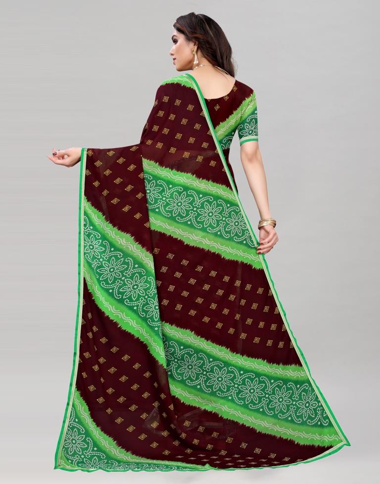 Green And Brown Coloured Georgette Bandhani Printed Saree