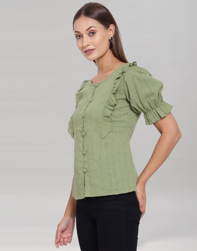 Olive Green Colored Cotton Self Woven Top