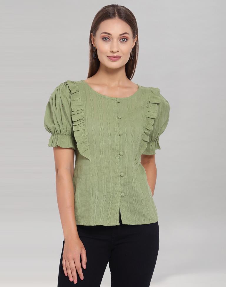 Olive Green Colored Cotton Self Woven Top