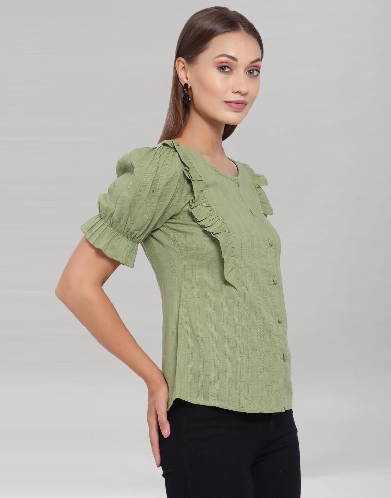 Olive Green Colored Cotton Self Woven Top