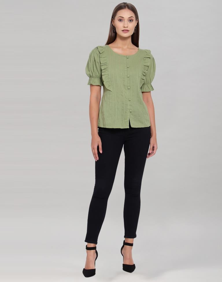 Olive Green Colored Cotton Self Woven Top