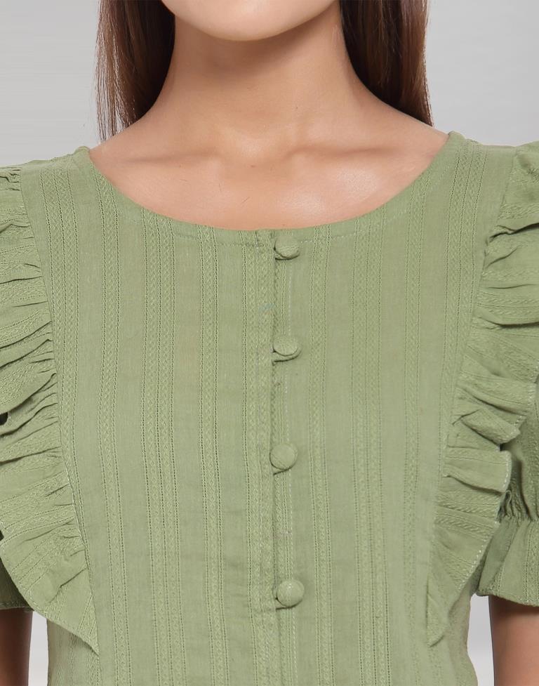 Olive Green Colored Cotton Self Woven Top