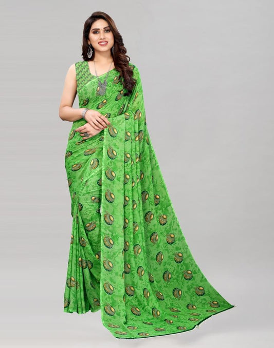 Parrot Green Coloured Georgette Printed Saree