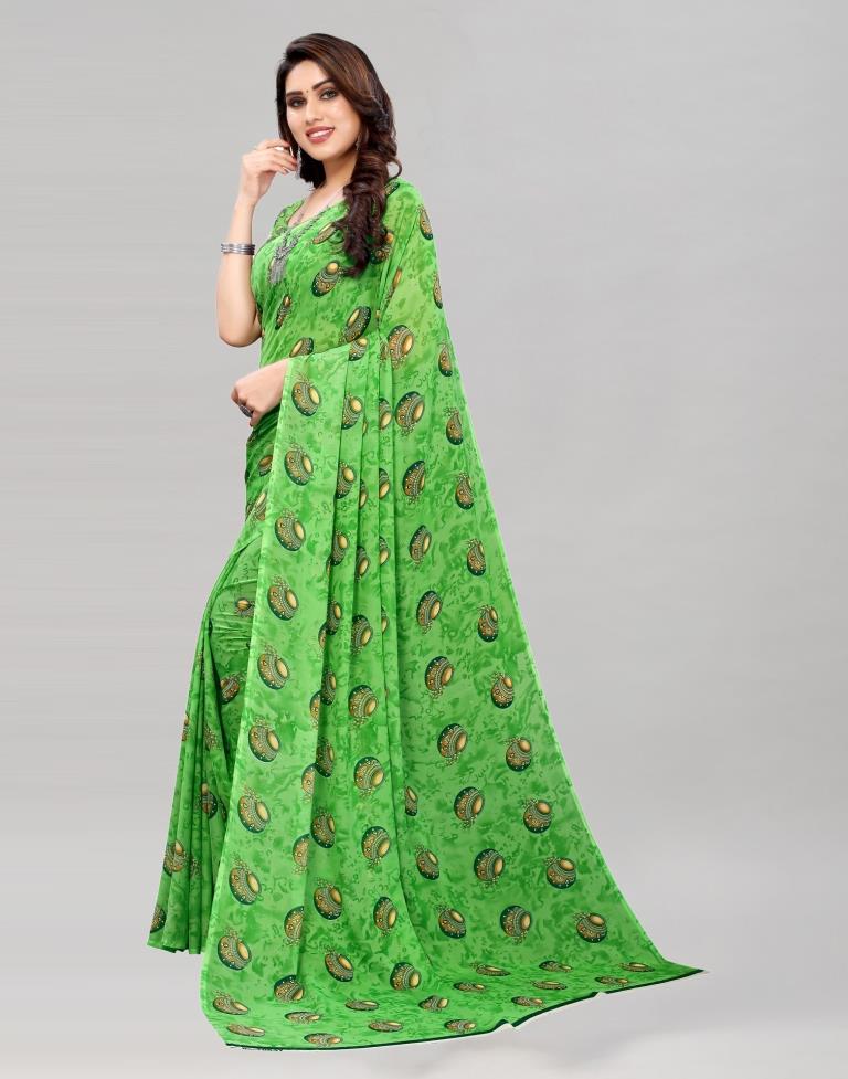 Parrot Green Coloured Georgette Printed Saree