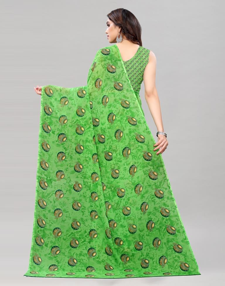 Parrot Green Coloured Georgette Printed Saree