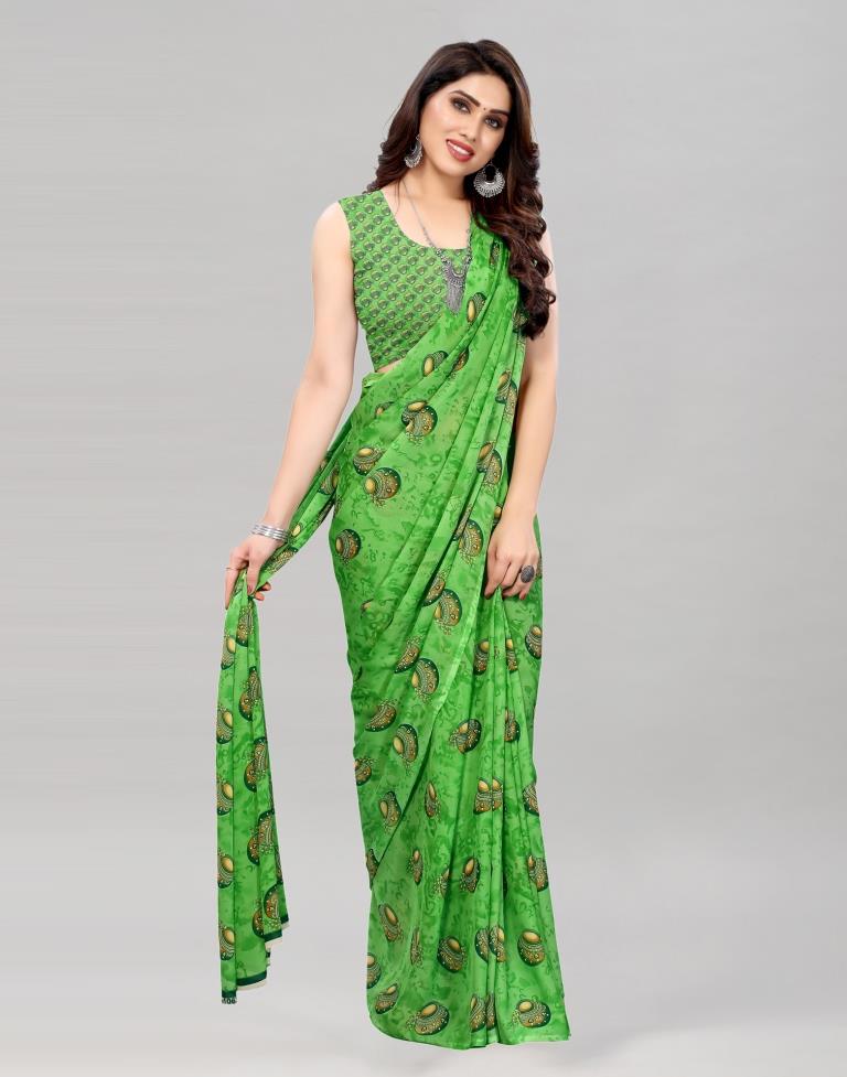 Parrot Green Coloured Georgette Printed Saree