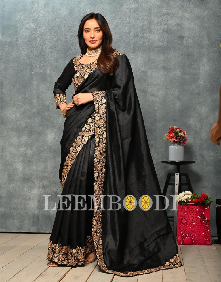 Black Coloured Poly Silk Embroidered Partywear Saree