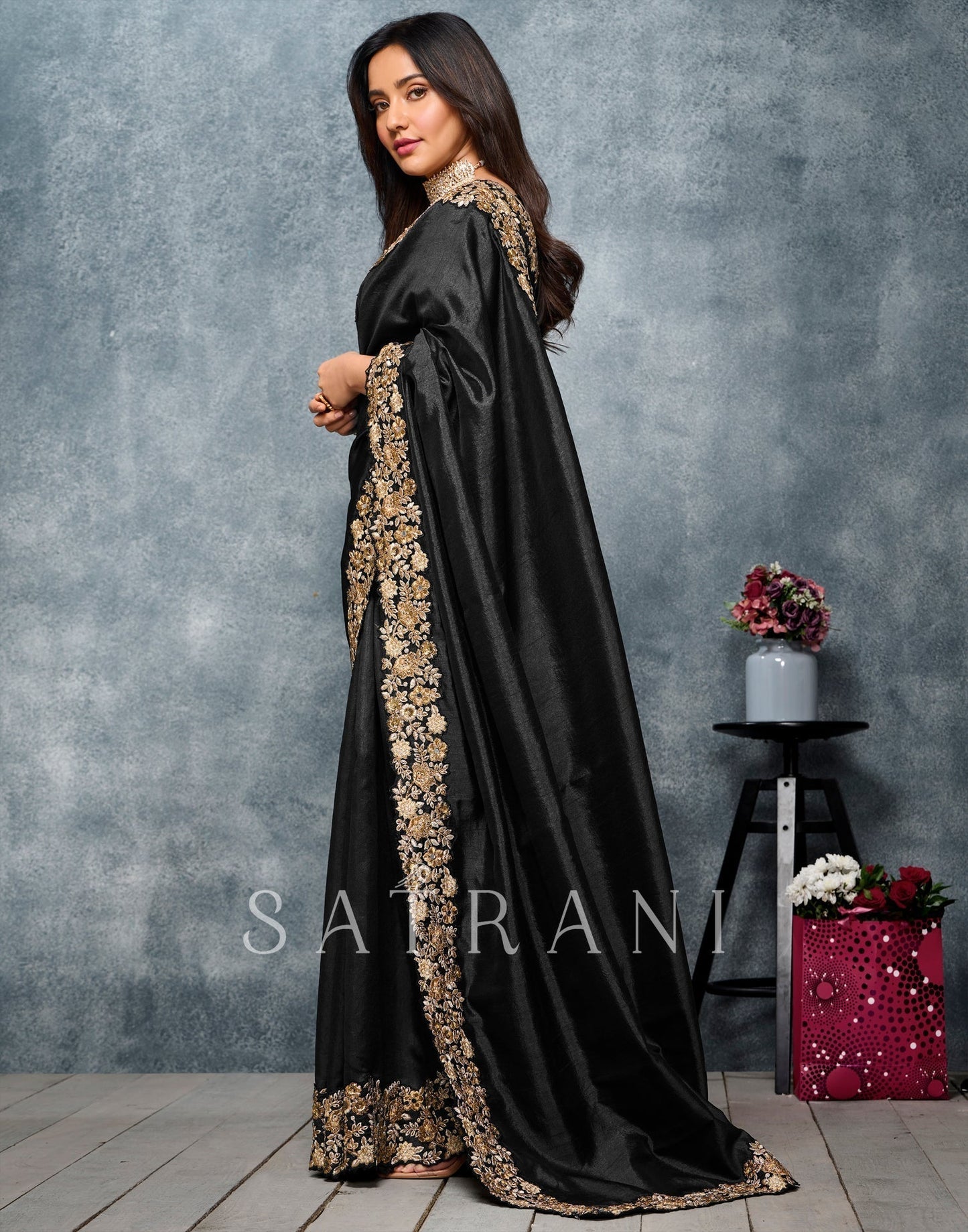 Black Coloured Poly Silk Embroidered Partywear Saree