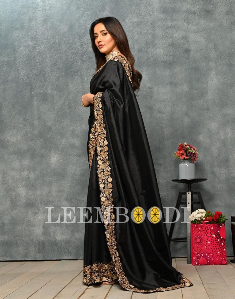 Black Coloured Poly Silk Embroidered Partywear Saree