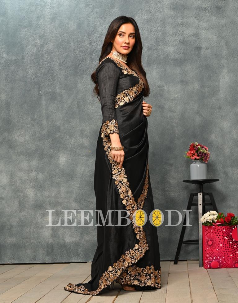 Black Coloured Poly Silk Embroidered Partywear Saree