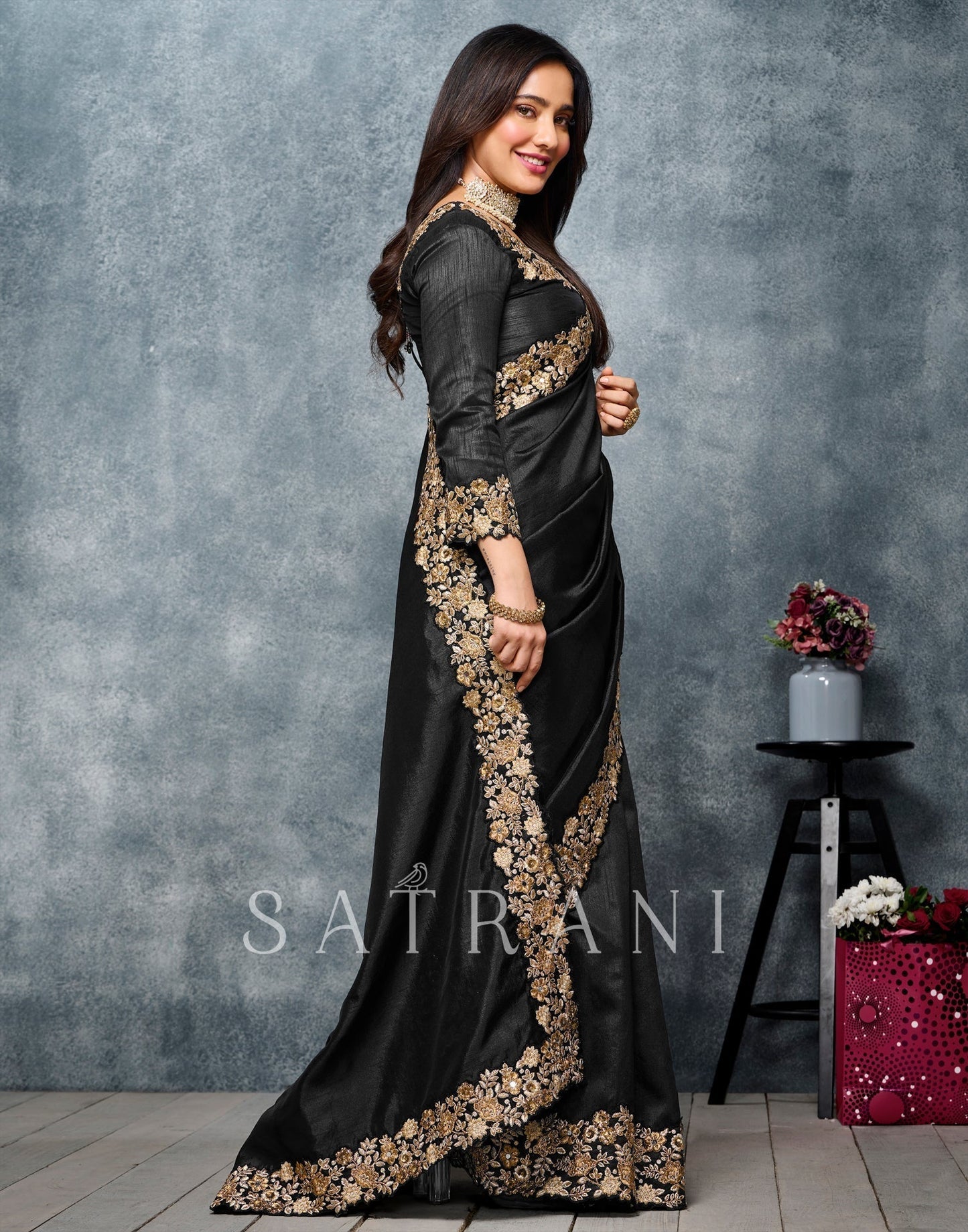 Black Coloured Poly Silk Embroidered Partywear Saree