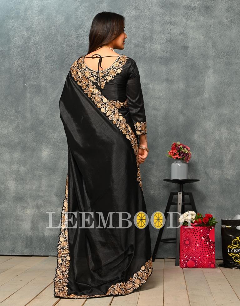 Black Coloured Poly Silk Embroidered Partywear Saree