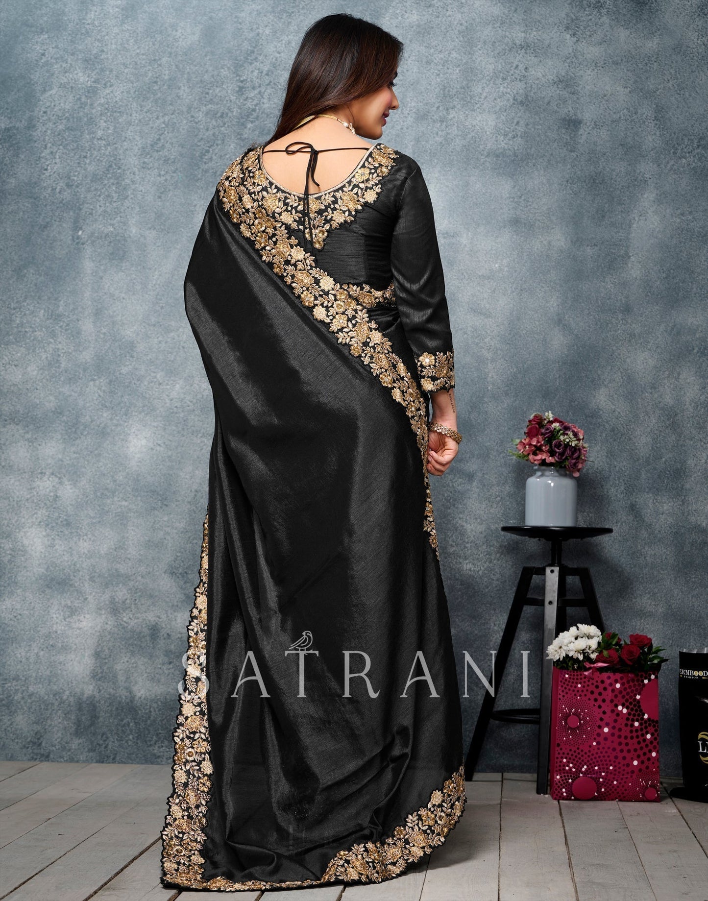 Black Coloured Poly Silk Embroidered Partywear Saree