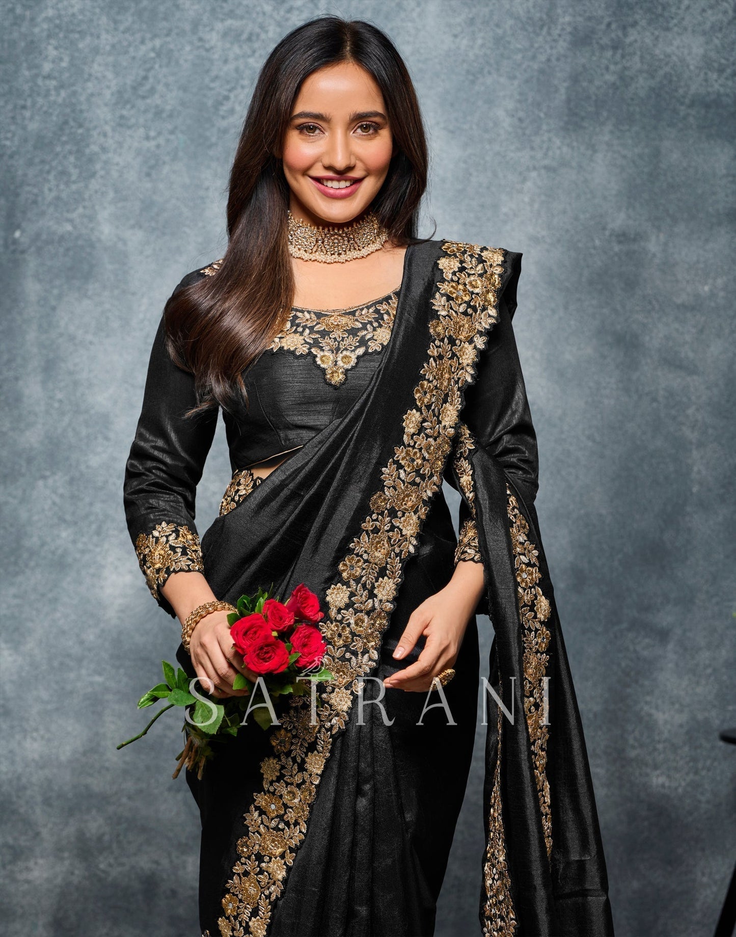 Black Coloured Poly Silk Embroidered Partywear Saree