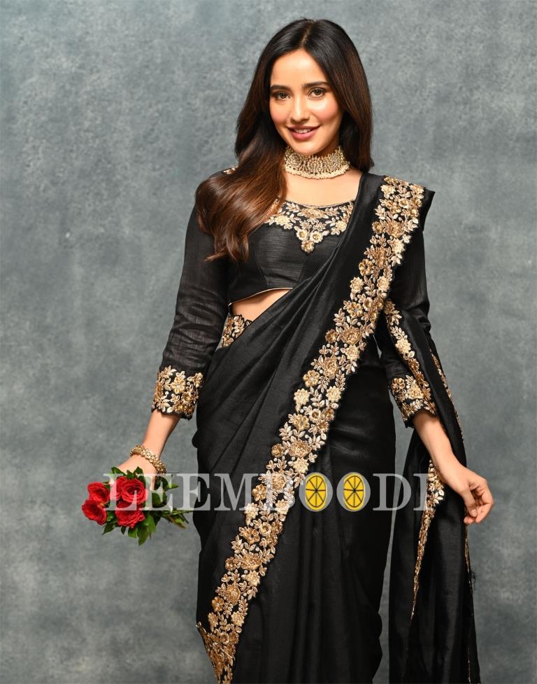 Black Coloured Poly Silk Embroidered Partywear Saree