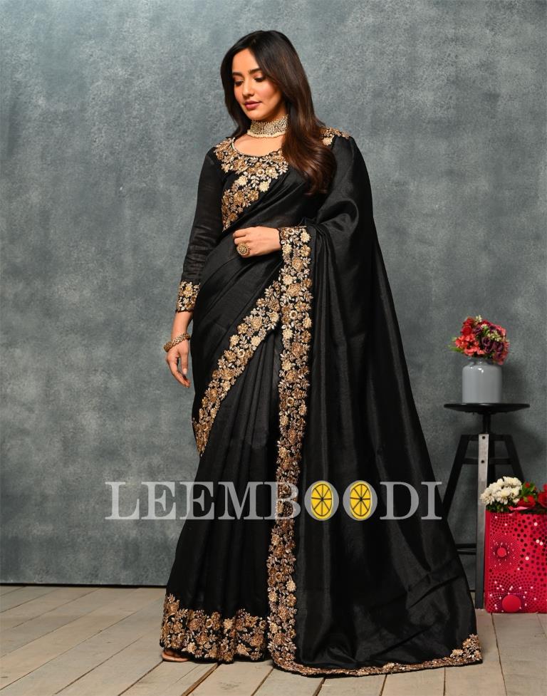 Black Coloured Poly Silk Embroidered Partywear Saree