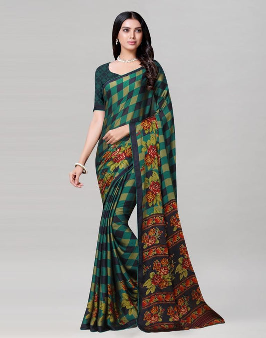 Green Coloured Floral Printed Chiffon Saree