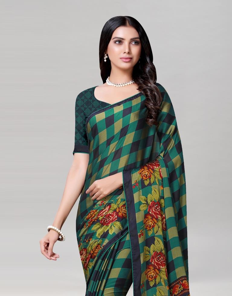 Green Coloured Floral Printed Chiffon Saree