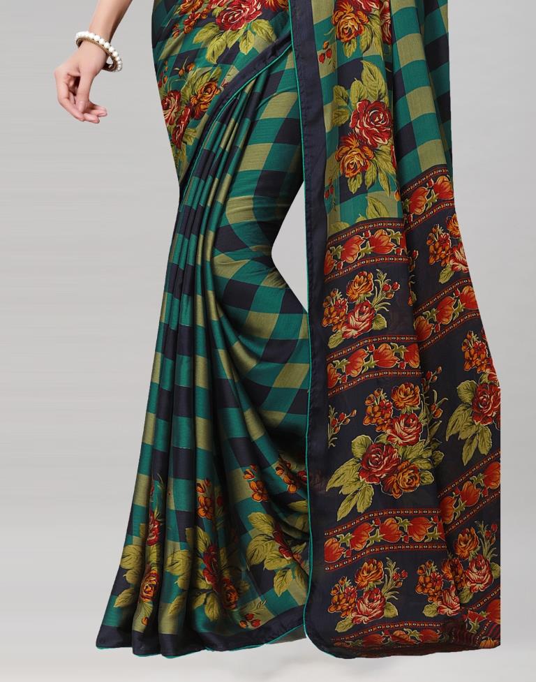 Green Coloured Floral Printed Chiffon Saree