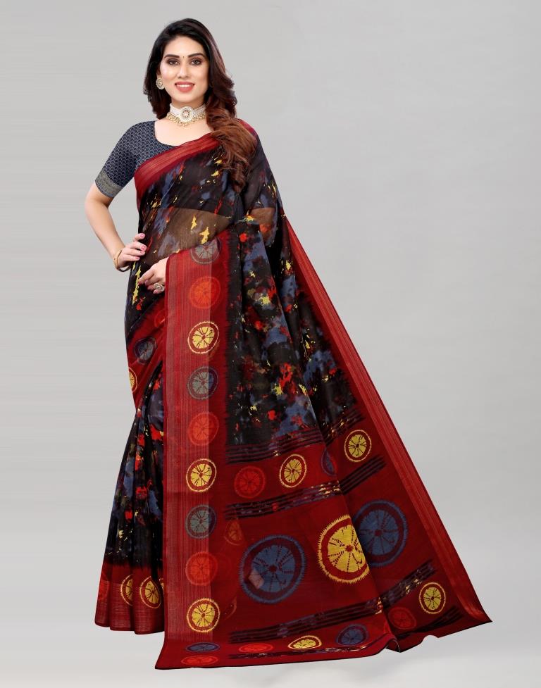 Black Coloured Poly Cotton Printed Saree