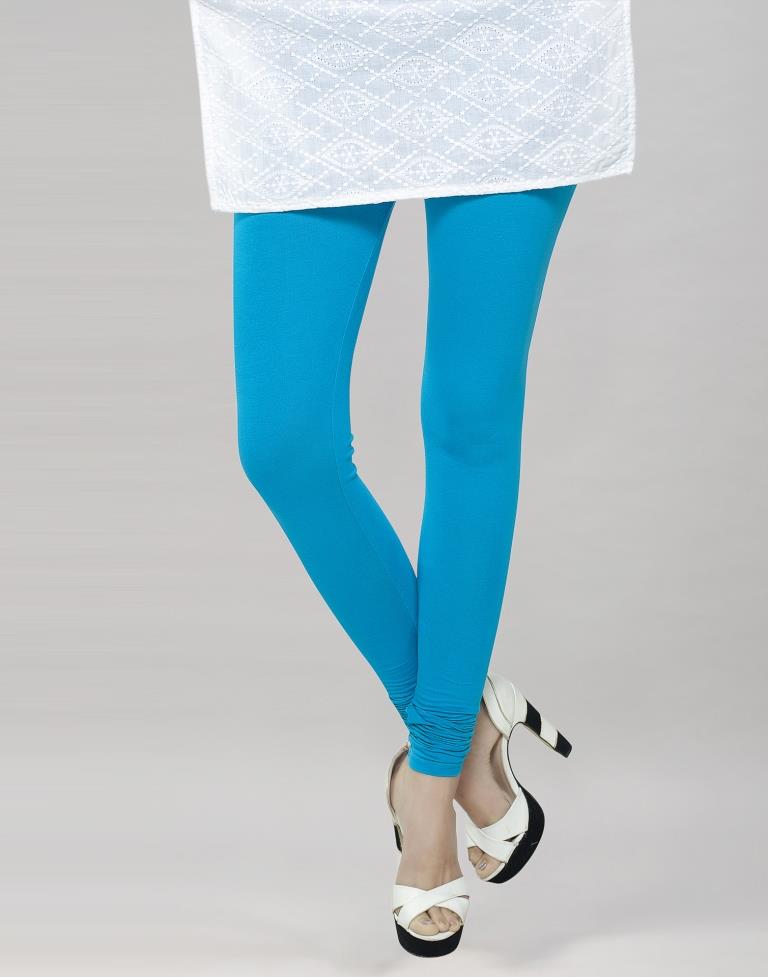 Designer Sky Blue Coloured Plain Cotton Leggings