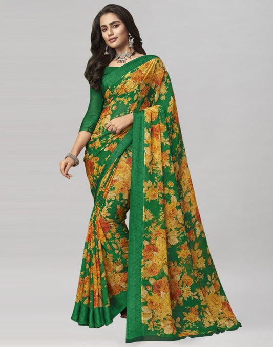 Green Coloured Chiffon Floral Printed Saree