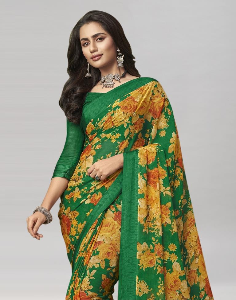 Green Coloured Chiffon Floral Printed Saree