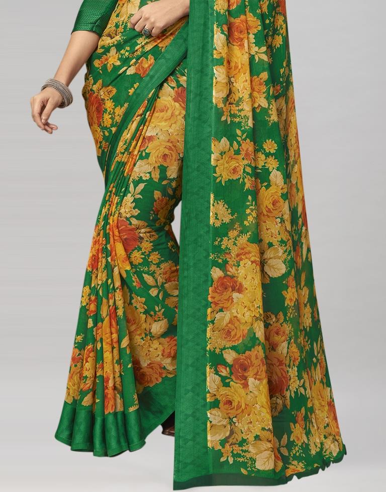 Green Coloured Chiffon Floral Printed Saree