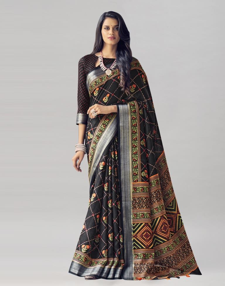 Black Coloured Poly Cotton Printed Saree