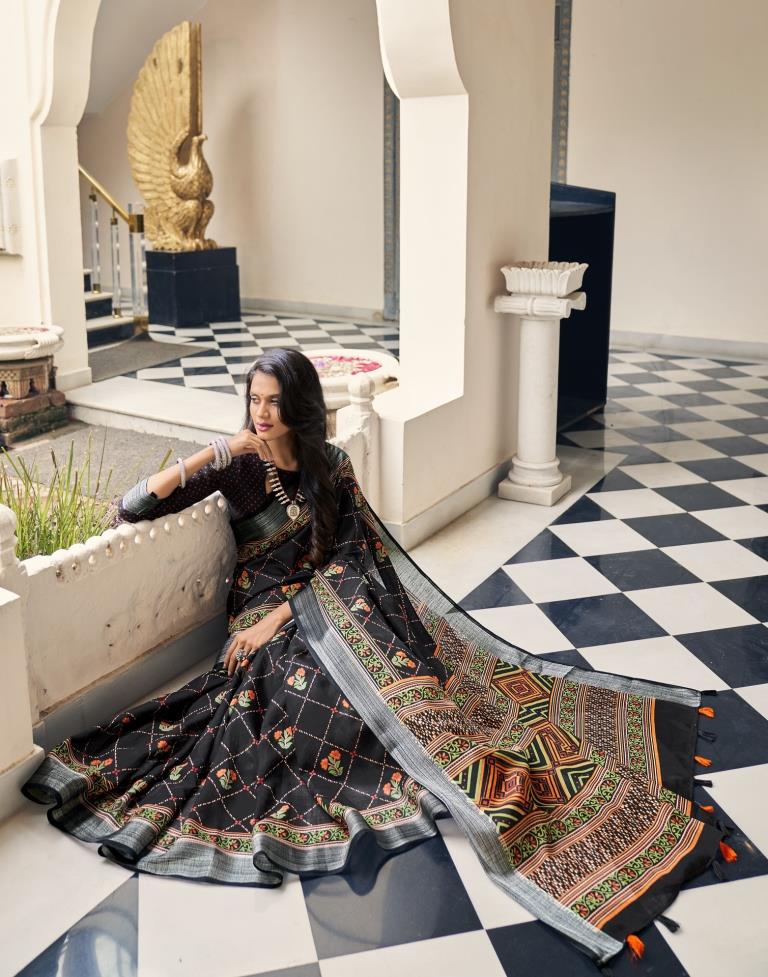 Black Coloured Poly Cotton Printed Saree