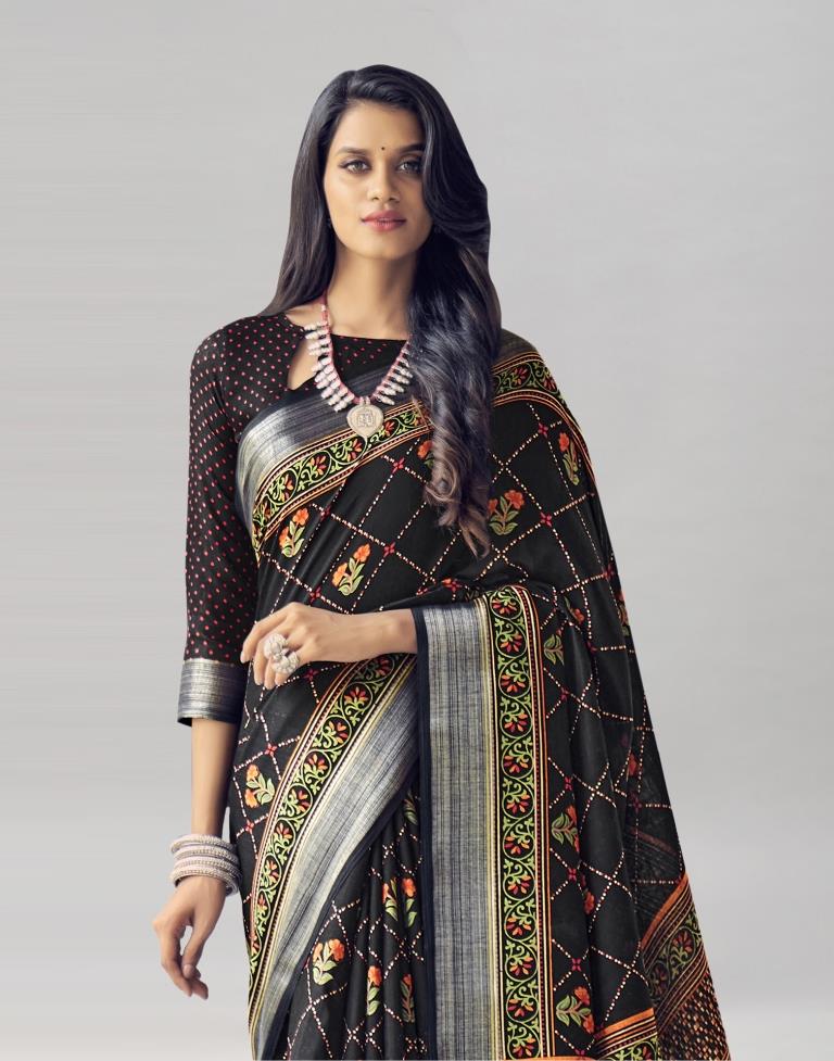 Black Coloured Poly Cotton Printed Saree