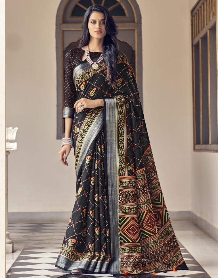 Black Coloured Poly Cotton Printed Saree