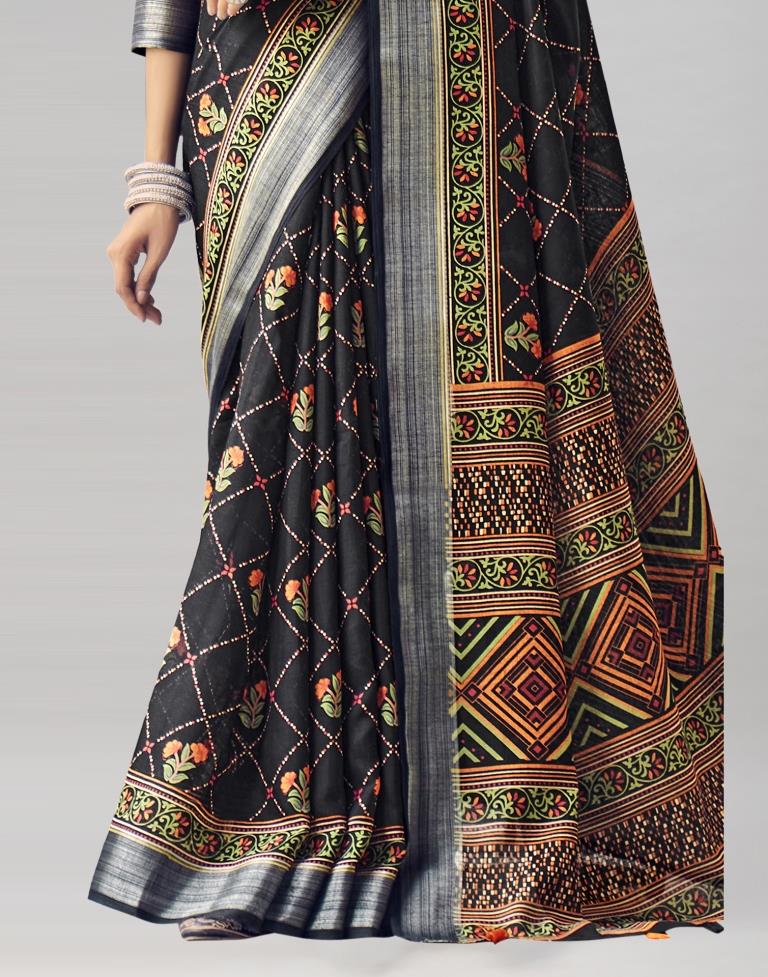 Black Coloured Poly Cotton Printed Saree