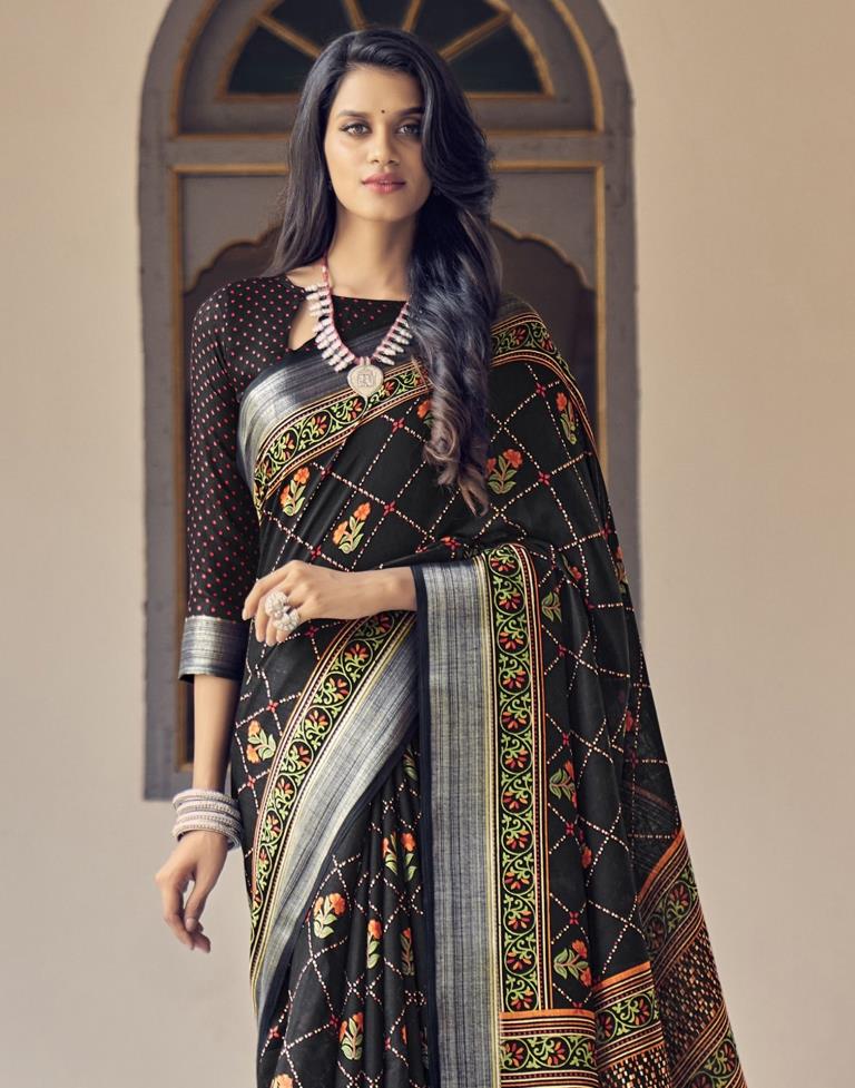 Black Coloured Poly Cotton Printed Saree