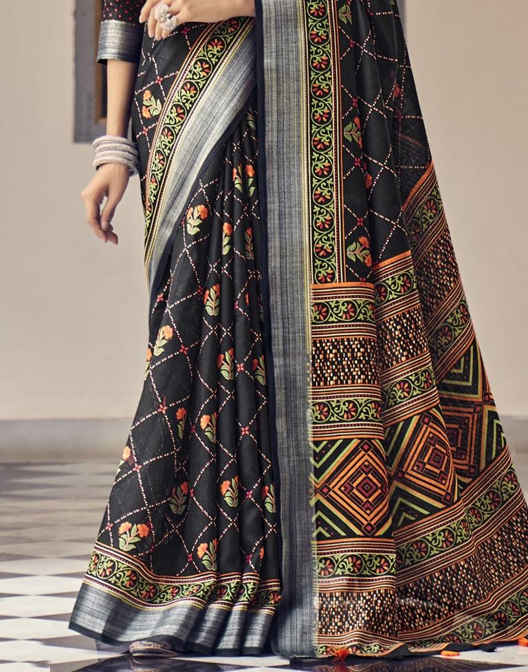 Black Coloured Poly Cotton Printed Saree