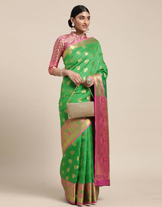 Parrot Green Banarasi Silk Saree