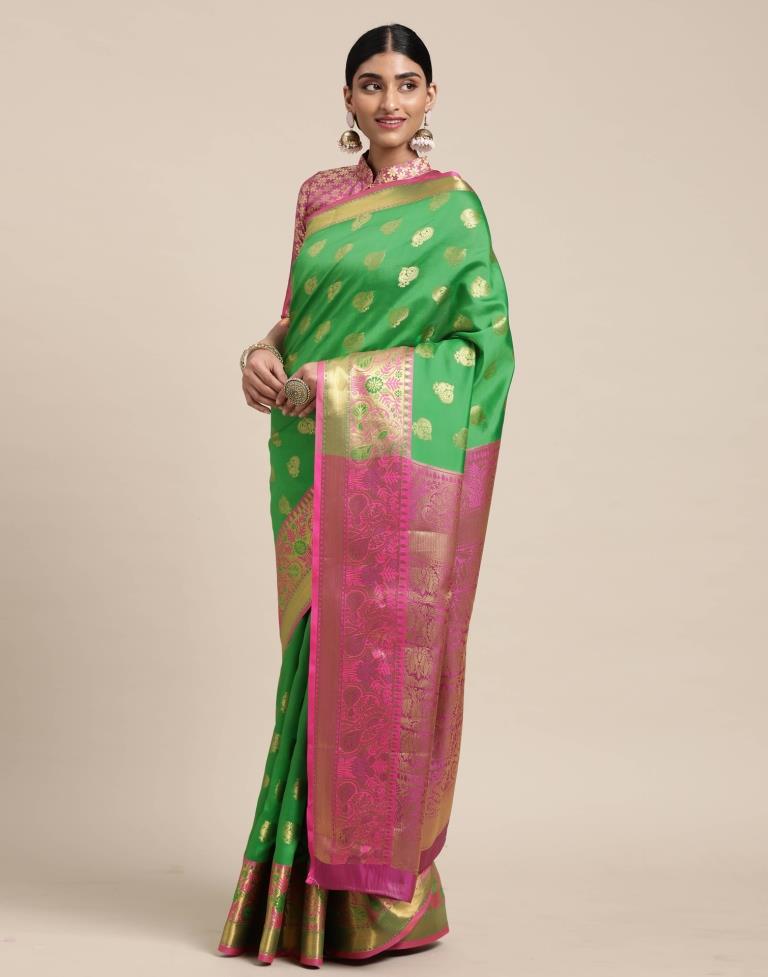 Parrot Green Banarasi Silk Saree