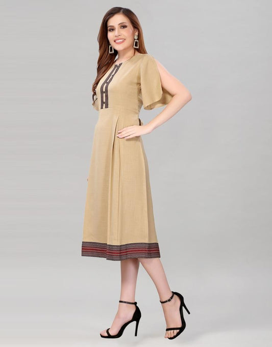 Beige Coloured Diva Slub Digital Border Dress