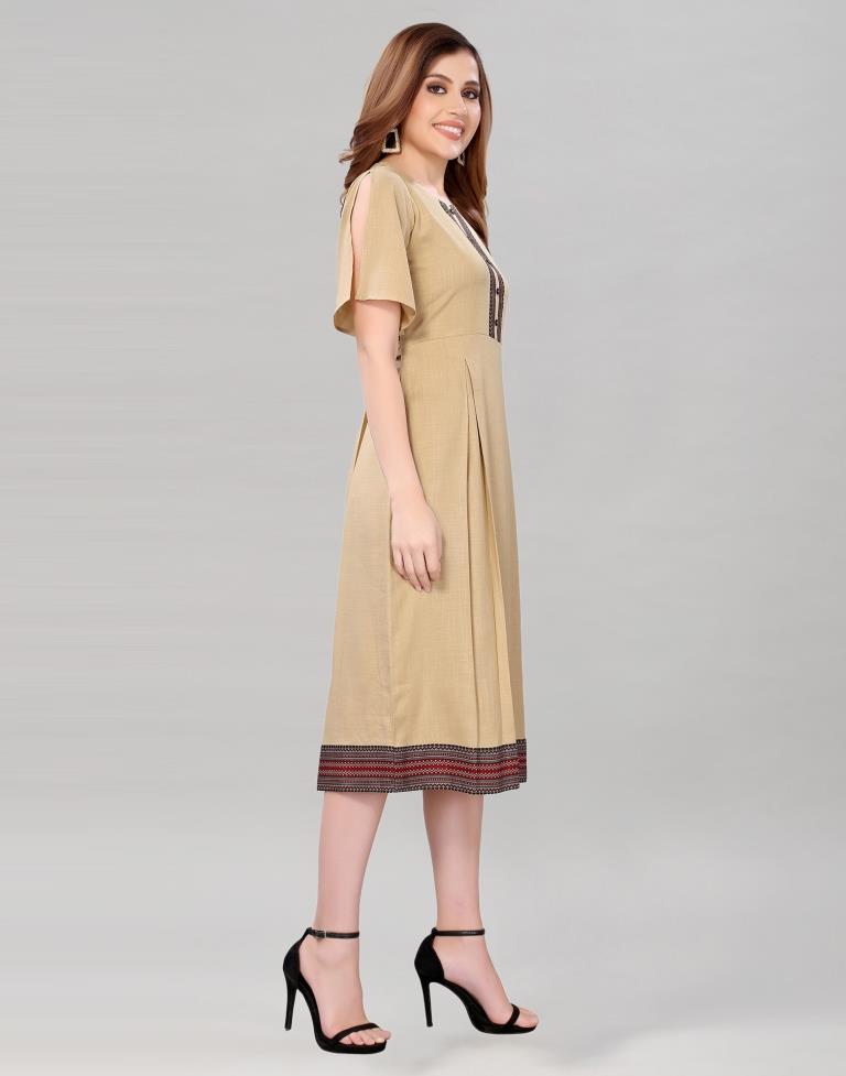 Beige Coloured Diva Slub Digital Border Dress