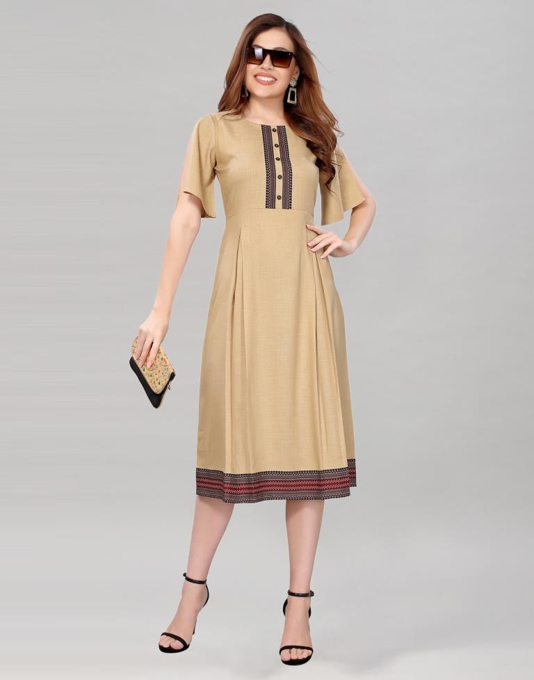 Beige Coloured Diva Slub Digital Border Dress