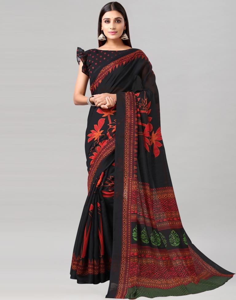 Black Printed Cotton Saree