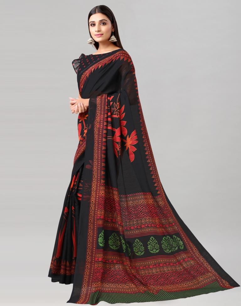 Black Printed Cotton Saree