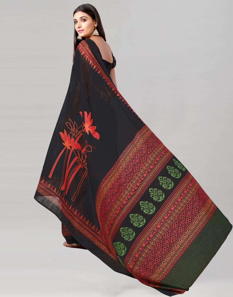 Black Printed Cotton Saree