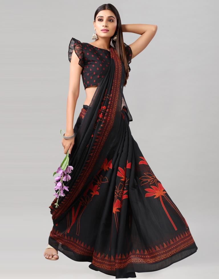 Black Printed Cotton Saree