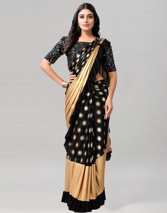 Black Printed Pre-draped Saree