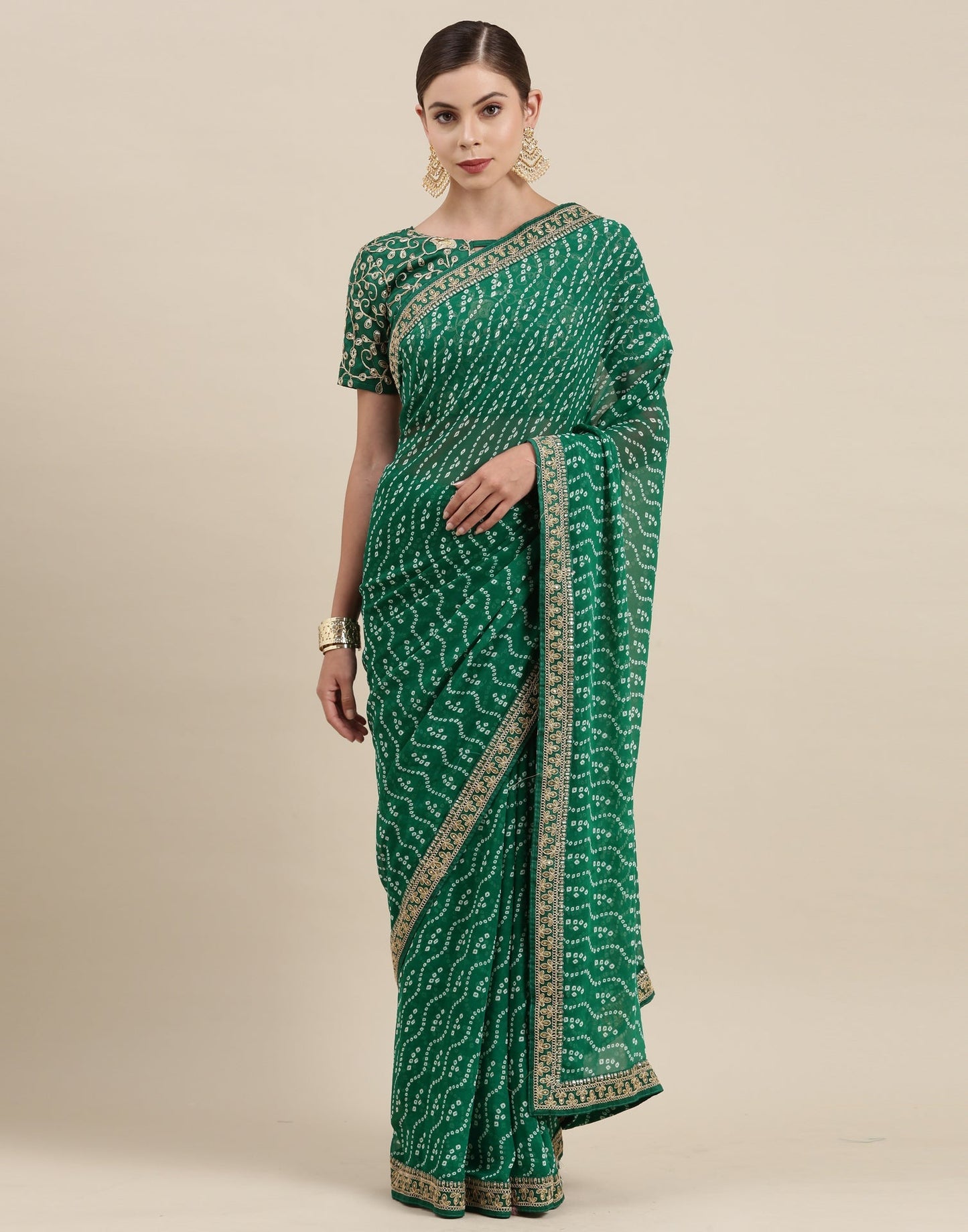 Green Bandhani Saree with Embroidery Border